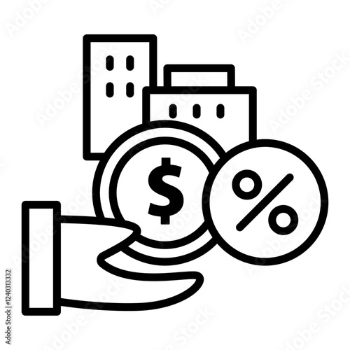 Income tax image icon. Hand has income and percentage from company.