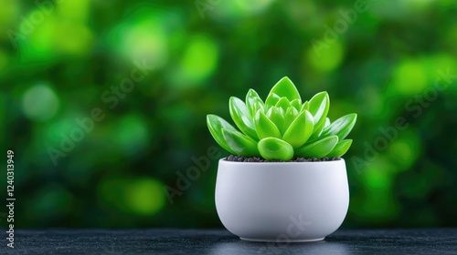 Succulent plant in pot, green bokeh background, home decor, nature