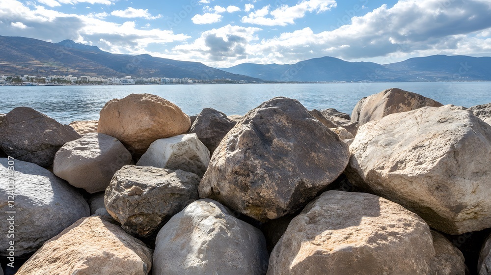 Stunning Coastal Landscape, Large Rocks on Seashore with Mountain View Stunning Coastal Landscape, Large Rocks on Seashore with Mountain View