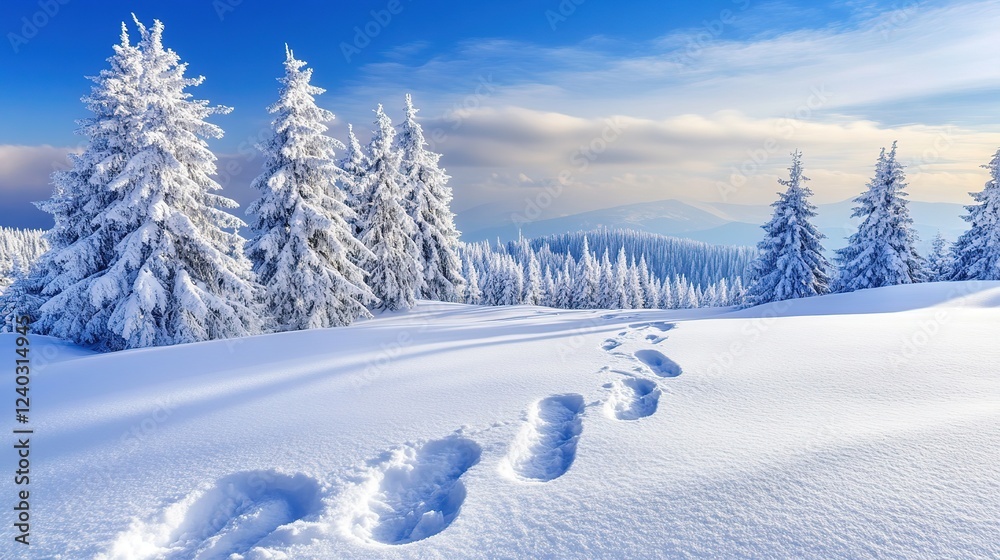 Animal Paw Print in Fresh Snow: Tranquil Winter Scene. Serene and Peaceful Outdoor Moment Capturing Nature's Footprint in Pure White Snow. Animal Paw Print in Fresh Snow: Tranquil Winter Scene. Serene and Peaceful Outdoor Moment Capturing Nature's Footprint in Pure White Snow.
