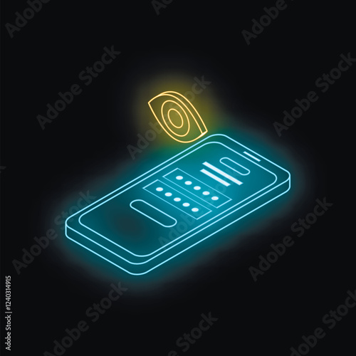 Password viewing with eye icon over smartphone with neon isometric projection on dark background