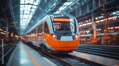 Modern electric train on rails in a repair depot photo