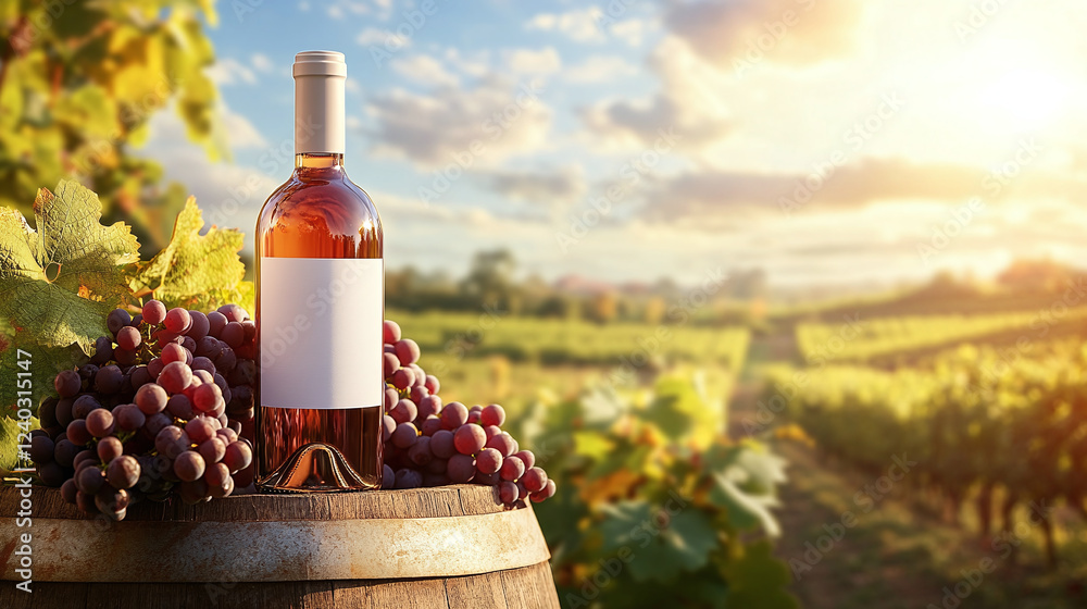 Fototapeta premium A bottle of wine with a white label mockup stands on a wooden barrel next to a grape branch on a blurred background of vineyards and a pleasant warm sunlight