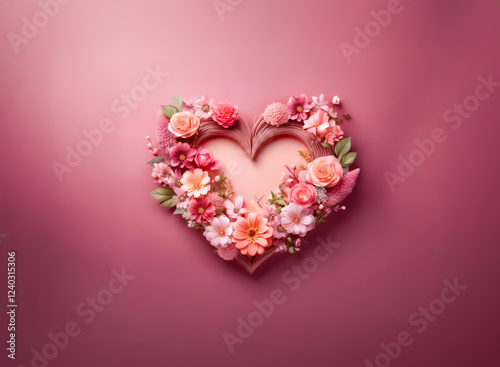 A delicate heart shape crafted from assorted pink and peach blossoms rests on a blush-pink background. The floral arrangement is romantic and subtly textured.