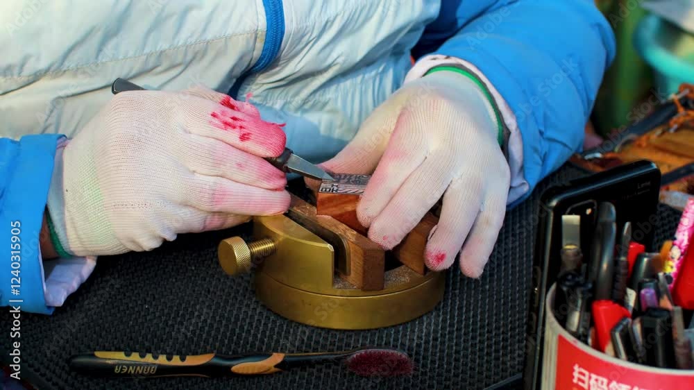 Crafting intricate designs on wood with precision tools at an outdoor market in early morning light Crafting intricate designs on wood with precision tools at an outdoor market in early morning light