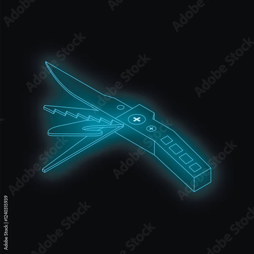 Glowing holographic projection of a multitool knife showcasing futuristic technology and innovation