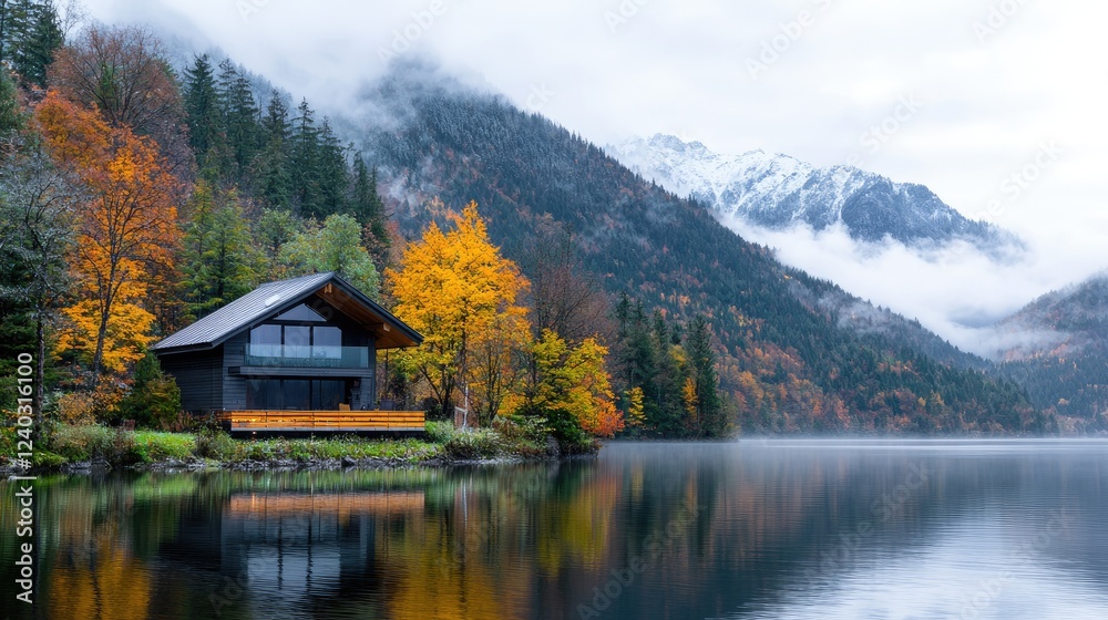 Modern cabin autumn lake mountains misty background; travel brochure Modern cabin autumn lake mountains misty background; travel brochure