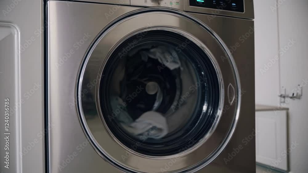 A close-up of a modern stainless steel washing machine with a transparent door showing clothes spinning inside during a wash cycle in a laundry room