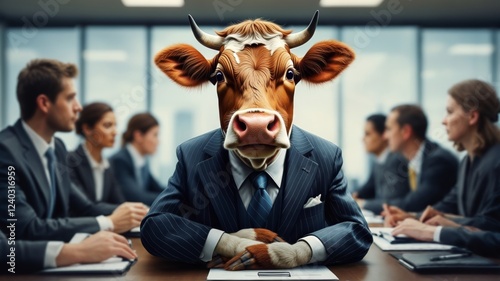 Cow sitting in business meeting: funny animal as businessman