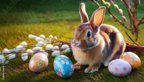 Firefly Belikden Kazkovy Zaychyk sitting on grass surrounded by colorful eggs and twigs in a tranquil setting photo