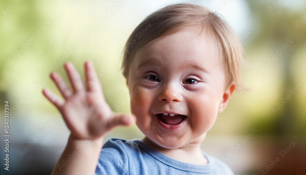 Happy Child with Down Syndrome Waving Hand and Smiling Happy Child with Down Syndrome Waving Hand and Smiling
