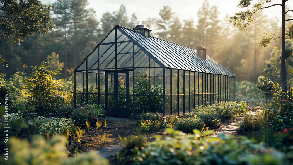 Obraz premium Greenhouse with glass walls and a roof, climate control to nurture lush green plants and vibrant flowers. Sunlight shines through the glass, creating a warm and humid environment