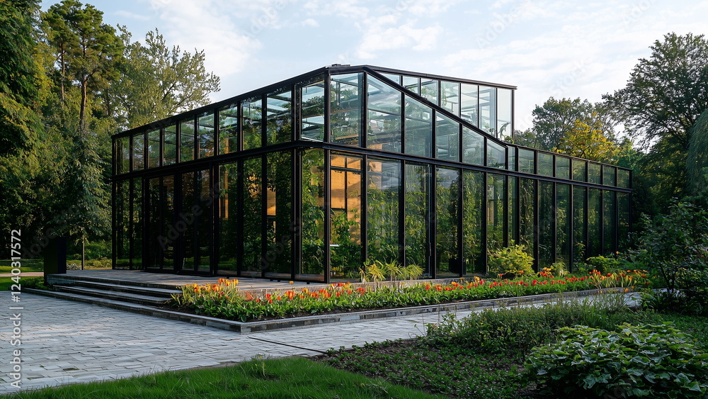 Greenhouse with glass walls and a roof, climate control to nurture lush green plants and vibrant flowers. Sunlight shines through the glass, creating a warm and humid environment Greenhouse with glass walls and a roof, climate control to nurture lush green plants and vibrant flowers. Sunlight shines through the glass, creating a warm and humid environment