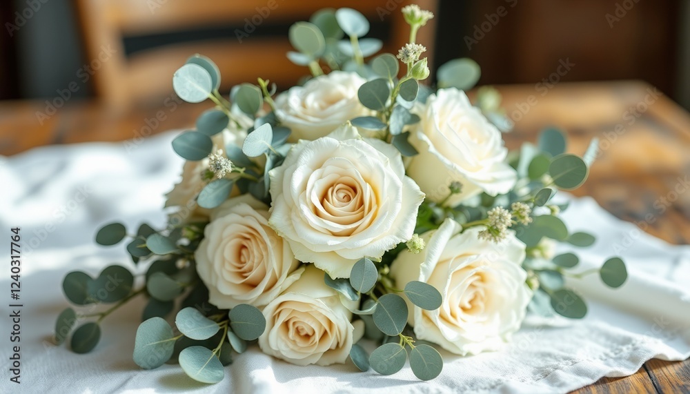 Obraz premium Bouquet of creamy white roses with soft green eucalyptus leaves. Bouquet on a rustic wooden table, creates a warm and cozy atmosphere, suitable for florists, wedding planners and home decor