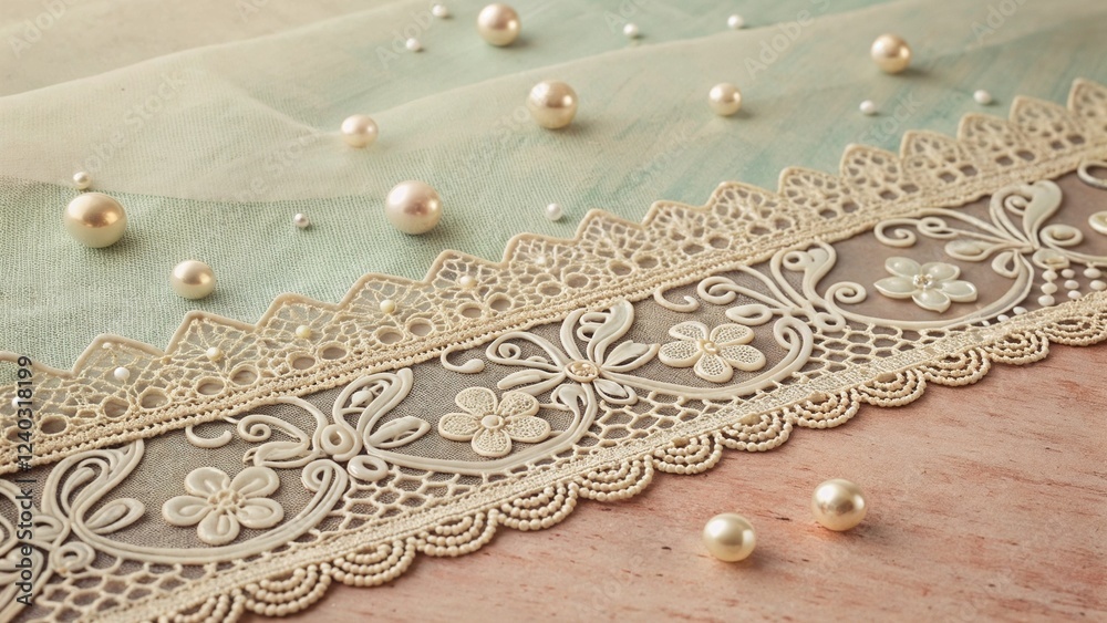 Obraz premium Ornate lace border with scattered pearls on pastel fabric, dreamy nostalgic effect