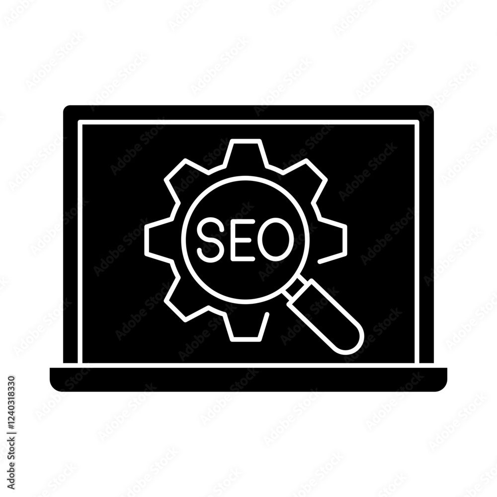 SEO Optimization – Gear Icon on Laptop Representing Website Ranking Improvements, Search Engine Algorithms, and Keyword Strategy for Digital Visibility. Vector illustration. SEO Optimization – Gear Icon on Laptop Representing Website Ranking Improvements, Search Engine Algorithms, and Keyword Strategy for Digital Visibility. Vector illustration.