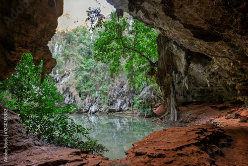 Princess Lagoon (Sa Phra Nang) between steep and rugged cliffs in Railay, Krabi, Thailand.