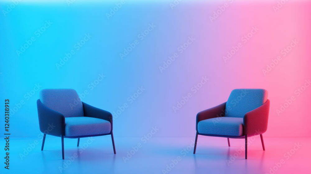 Obraz premium Minimalist chairs in futuristic setting with colorful lighting. design features two stylish armchairs against gradient backdrop, creating modern and inviting atmosphere