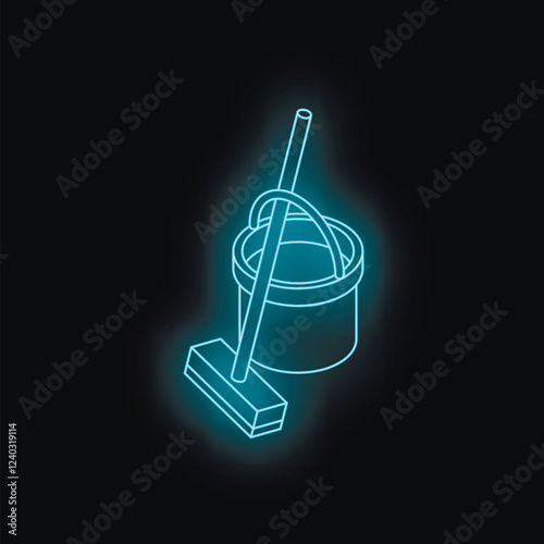 Glowing neon mop and bucket symbolize cleaning services, emphasizing hygiene and housekeeping