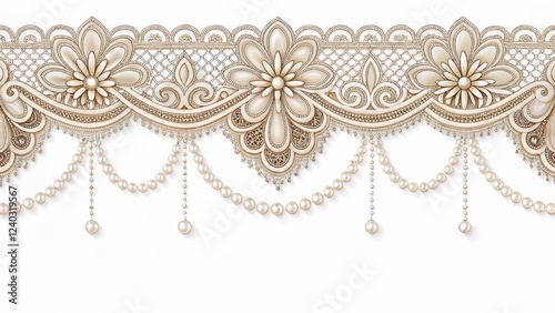 Elegant vintage border with lace patterns and pearl accents in soft beige and ivory tones