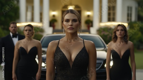 Elegant Bachelor limo pulling up to a mansion surrounded by glowing lights with elegant contestants stepping out in evening gowns premiere scene 