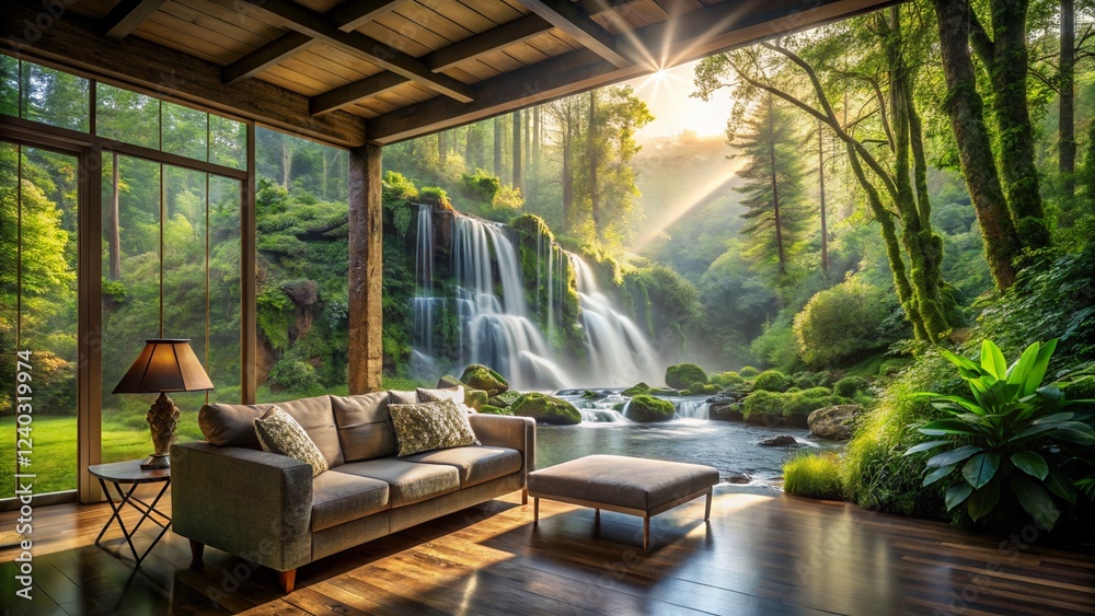 Fototapeta premium Serene Waterfall View From A Luxurious Living Room