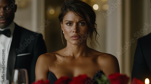 Elegant Close up of TV showing a tearful contestant during a rose ceremony with candles roses and wine in the foreground Bachelor drama unfolds 