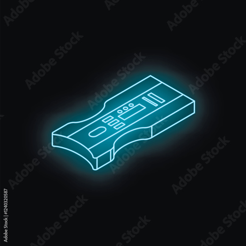 Ovulation test glowing with neon blue light on a black background, representing fertility and family planning