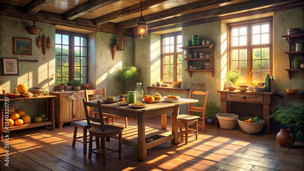 Sunlit Rustic Kitchen with Wooden Table and Chairs Sunlit Rustic Kitchen with Wooden Table and Chairs