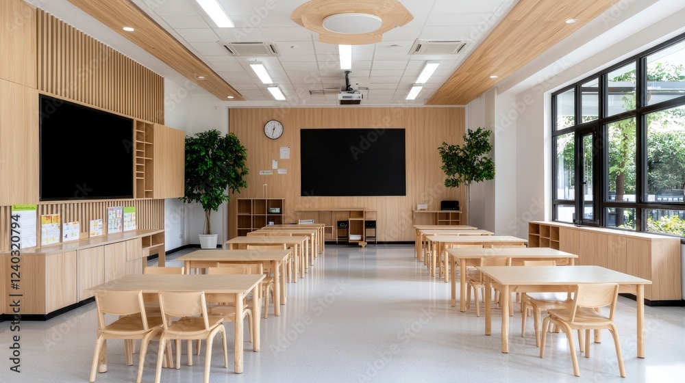 Modern classroom, school desks, projector, natural light Modern classroom, school desks, projector, natural light