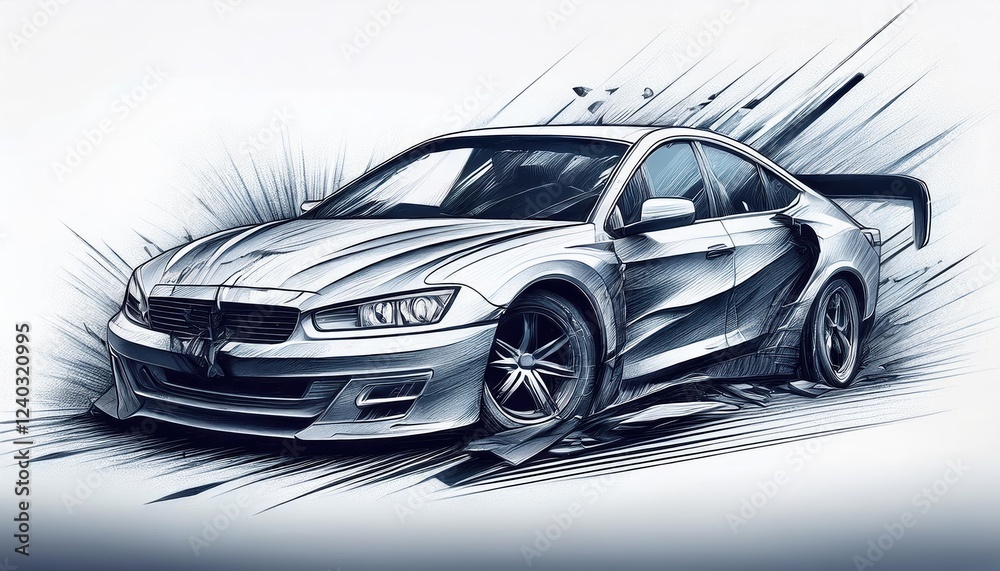 Conceptual black and white sketch of a sleek car showcasing dynamic design elements in motion with sharp lines and detailed features Conceptual black and white sketch of a sleek car showcasing dynamic design elements in motion with sharp lines and detailed features