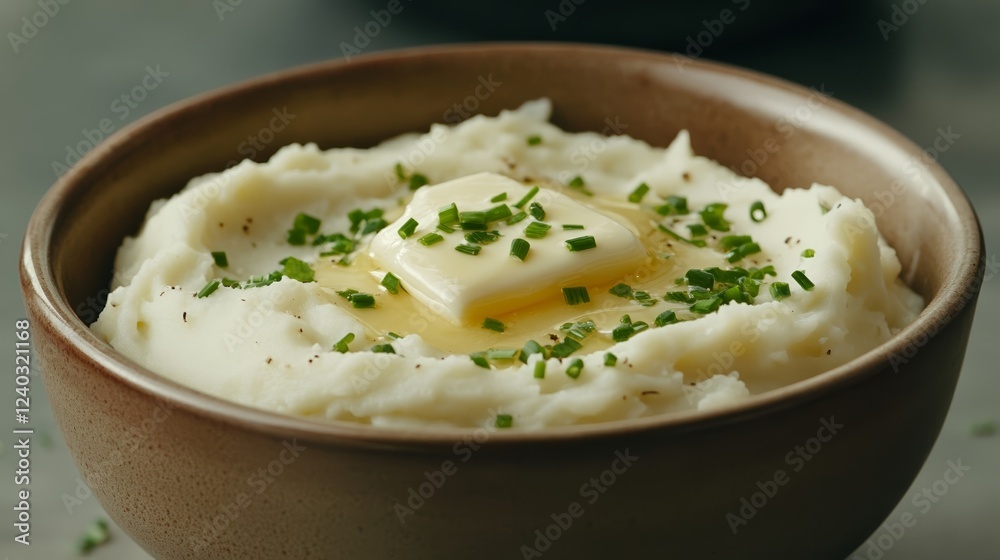 Elegant Evaporated milk slowly mixing into mashed potatoes in a ceramic bowl with melted butter and chives on top creamy side dish Elegant Evaporated milk slowly mixing into mashed potatoes in a ceramic bowl with melted butter and chives on top creamy side dish