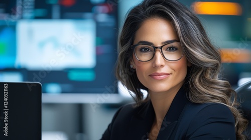 Free Download A confident businesswoman in an ergonomic chair looking at a computer for safety and wellness. - GFXLoad