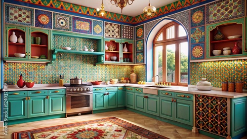 Vibrant Turquoise And Teal Moroccan Kitchen With Intricate Tilework