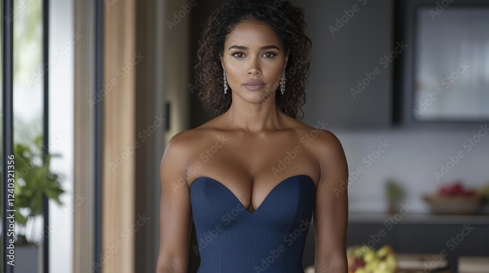 Fototapeta premium Elegant Fitted sleeveless denim midi dress with a sweetheart neckline styled with statement earrings and heels evening elegance 