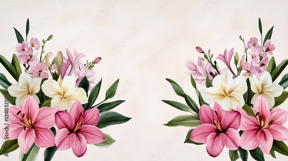 Fototapeta premium Elegant floral design creating 2026 using orchids lilies and jasmine in soft pink white and purple tones on a soft watercolor background 