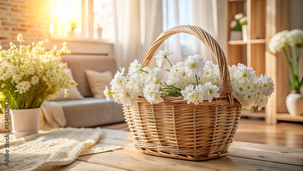 White Daisies in Wicker Basket on Wooden Table in Sunny Living Room White Daisies in Wicker Basket on Wooden Table in Sunny Living Room