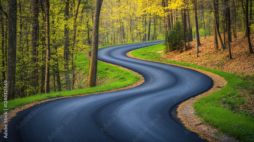 Fototapeta premium Black asphalt road winding through a green forest with crisp, clean edges.