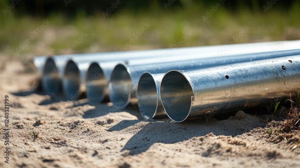 Close-up of aluminum gutter sections laid out on the ground, ready for installation. Close-up of aluminum gutter sections laid out on the ground, ready for installation.