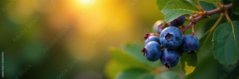 Obraz premium Ripe blueberries on the bush of dark purple bilberries in autumn sun, foliage, nature, leaves