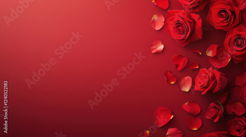 Red roses and petals on vibrant red background create romantic atmosphere, perfect for Valentine Day or special occasions
