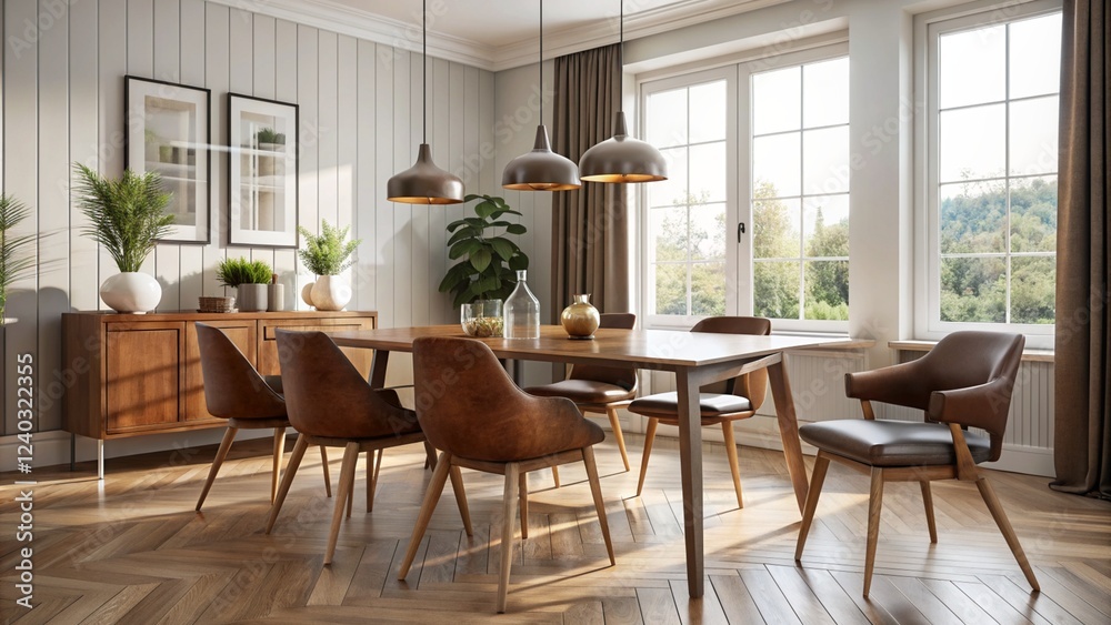 Bright Dining Room with Modern Furniture and Sunlight Bright Dining Room with Modern Furniture and Sunlight