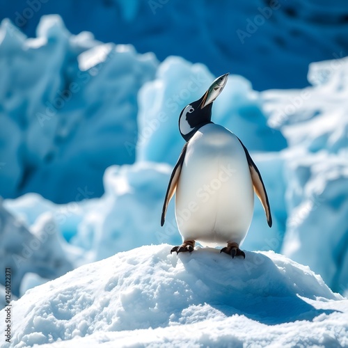 Penguins living in Antarctica. Standing on a snowy mountain holding a fish eating rice Antarctic penguins. He has a fish in his mouth.