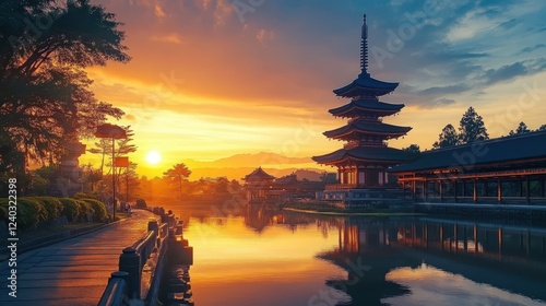 Serene Japanese Temple at Sunset with Scenic Reflection on Water photo