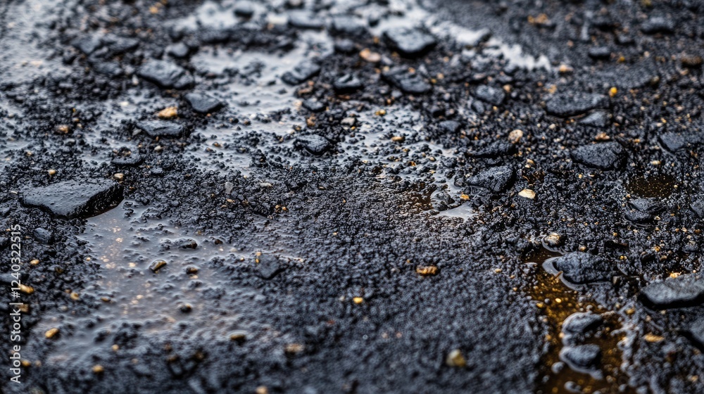 Close-up of a steaming hot asphalt mixture with black tar and small rocks. Close-up of a steaming hot asphalt mixture with black tar and small rocks.