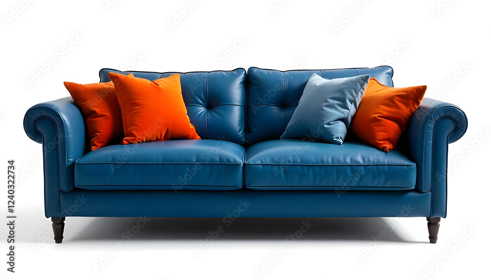 Fototapeta premium Canapé en cuir bleu sur fond blanc uni