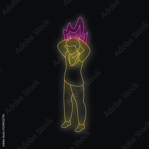 Neon sign of stressed businessman holding his head with burning flames, representing pressure and burnout