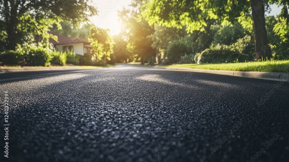 Dark, fresh asphalt driveway leading to a suburban home under bright sunlight. Dark, fresh asphalt driveway leading to a suburban home under bright sunlight.