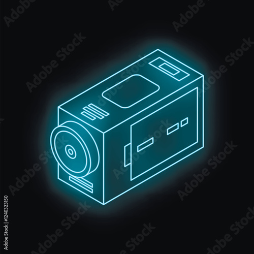 Futuristic neon video camera glowing on dark background, representing modern videography and filmmaking technology