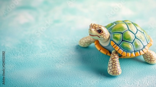A cheerful, brightly colored wind-up toy in the shape of a turtle, placed on a smooth pastel blue surface.